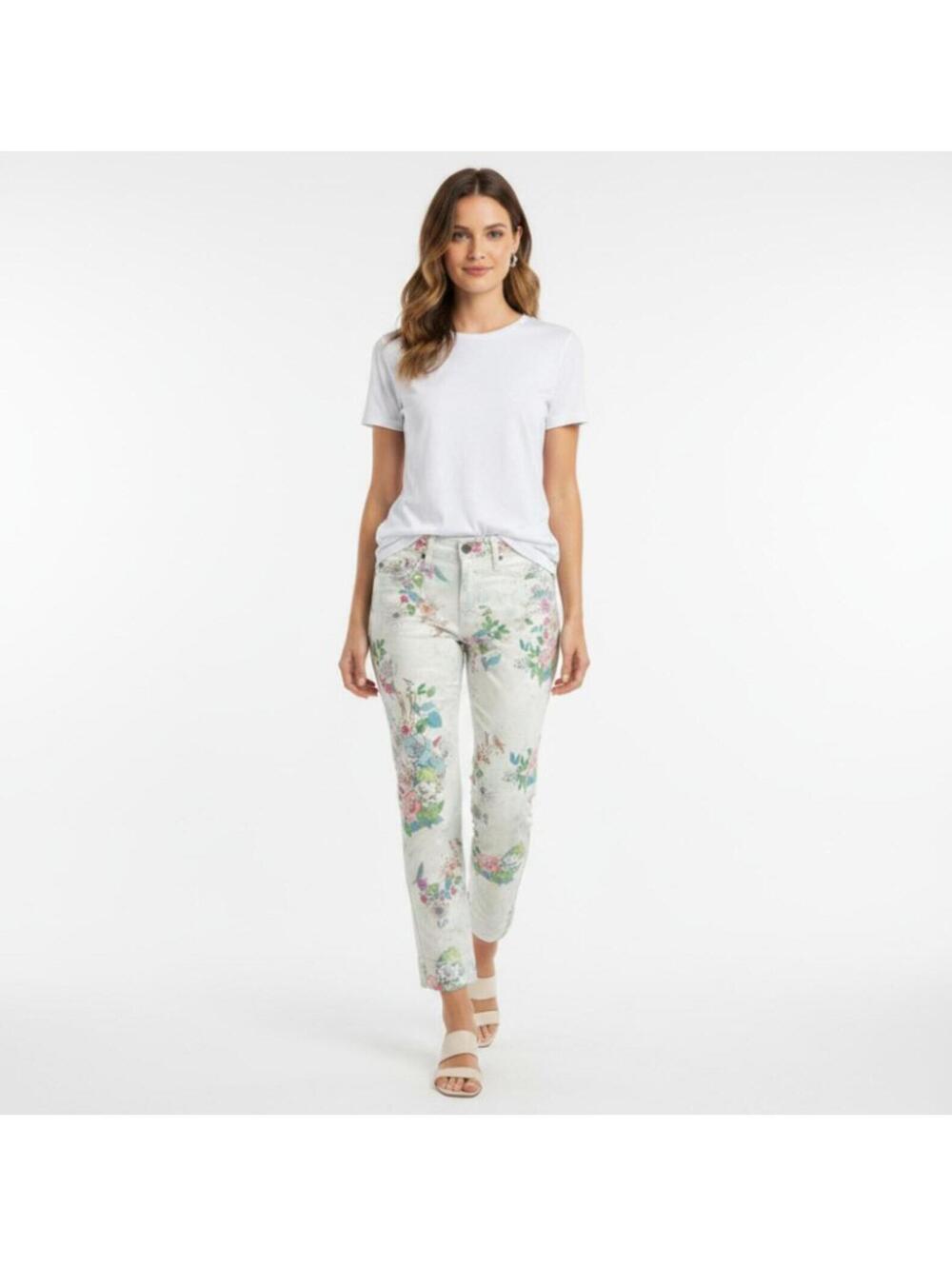 Fragile Women's Casual Crop Pants White Floral Print Size 29 Cottagecore Fairy